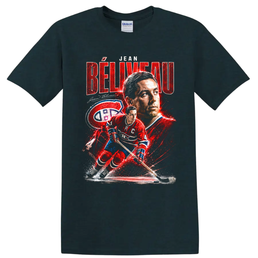 Jean Béliveau Montreal Canadiens hockey portrait and number 4 action graphic print on a Midnight (Green) T Shirt