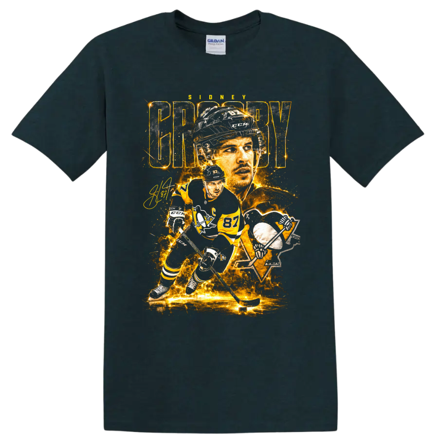 Sidney Crosby Penguins number 87 hockey portrait and action graphic print on a Midnight (Green) T Shirt