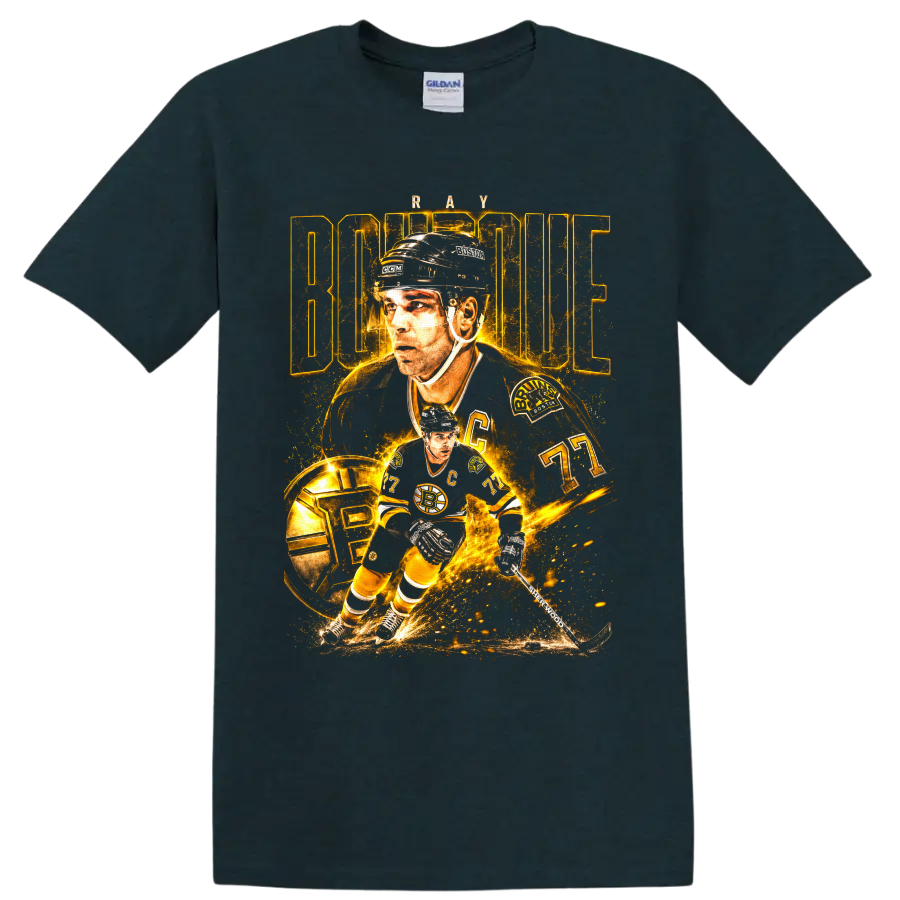 Ray Bourque Boston Bruins captain 77 hockey collage in glowing vintage gold on a Midnight (Green) T Shirt
