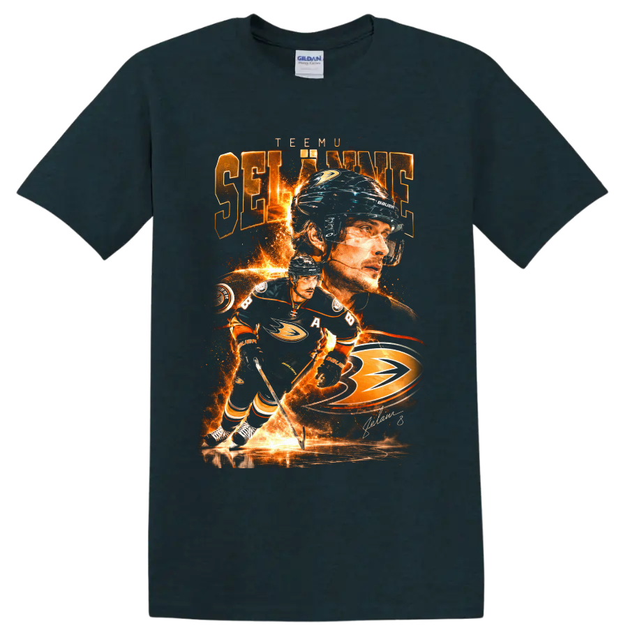 Teemu Selanne Anaheim Ducks fiery hockey action collage with signature on a Midnight (Green) T Shirt