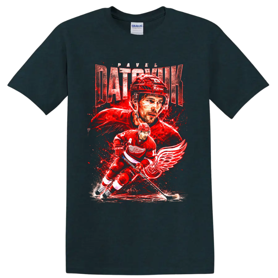 Pavel Datsyuk Detroit Red Wings hockey action graphic with distressed name lettering on a Midnight (Green) T Shirt