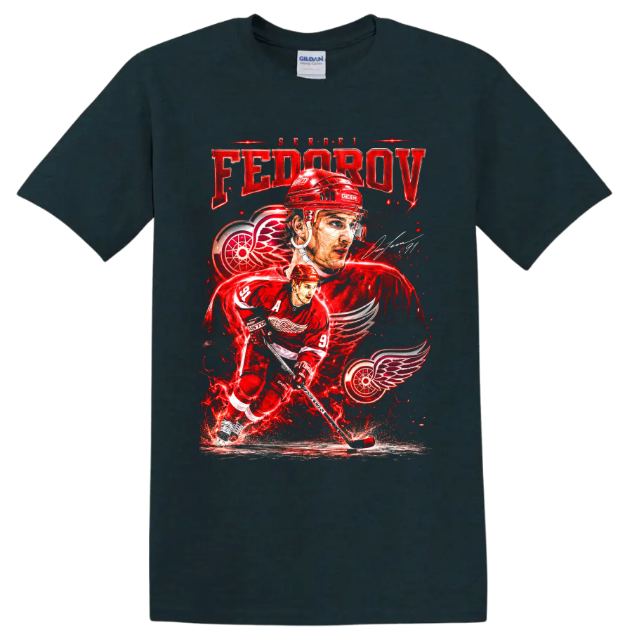 Sergei Fedorov Detroit Red Wings hockey portrait and skating action graphic on a Midnight (Green) T Shirt