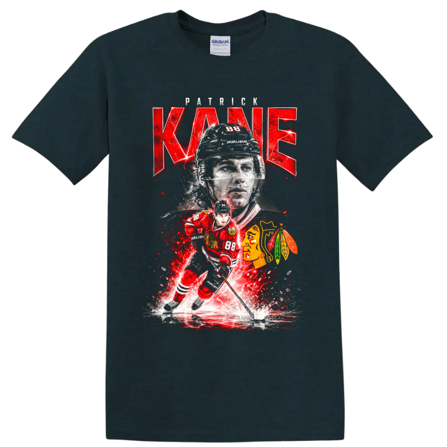 Patrick Kane number 88 Chicago hockey portrait and skating action graphic on a Midnight (Green) T Shirt