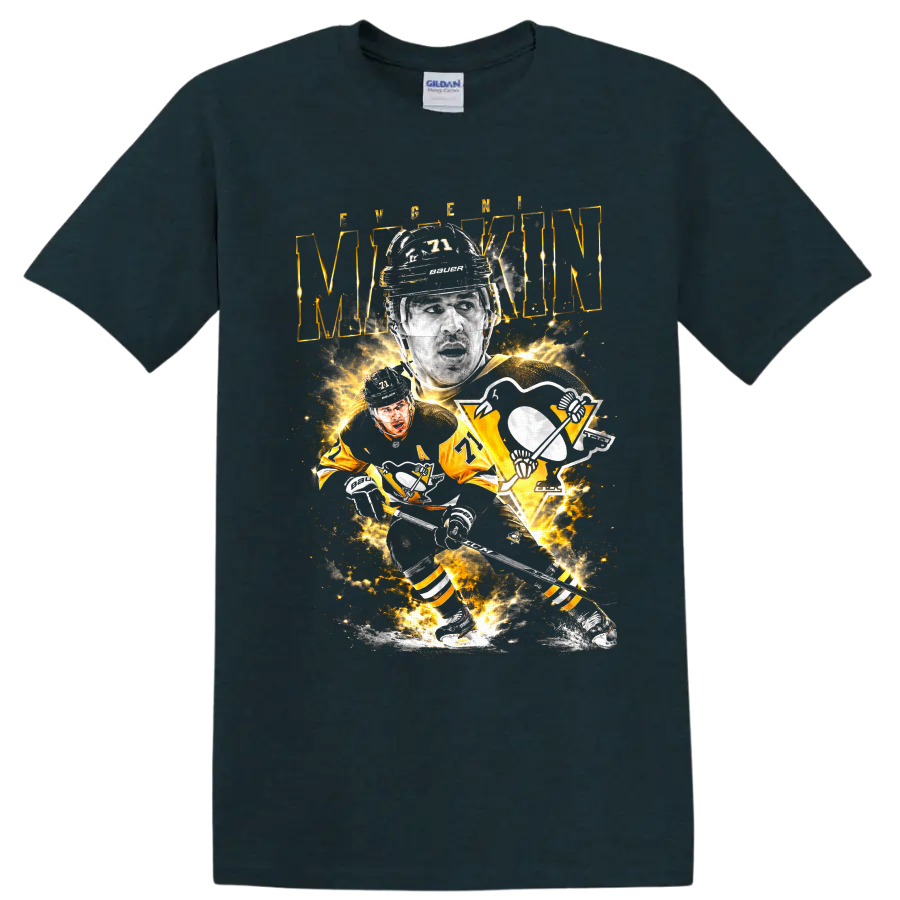 Evgeni Malkin Pittsburgh Penguins number 71 hockey player collage graphic on a Midnight (Green) T Shirt