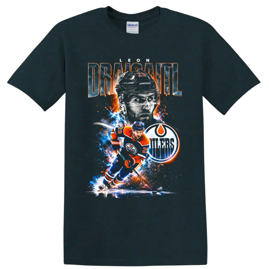Leon Draisaitl Edmonton Oilers action portrait with electric ice and fiery spark artwork on a Midnight (Green) T Shirt