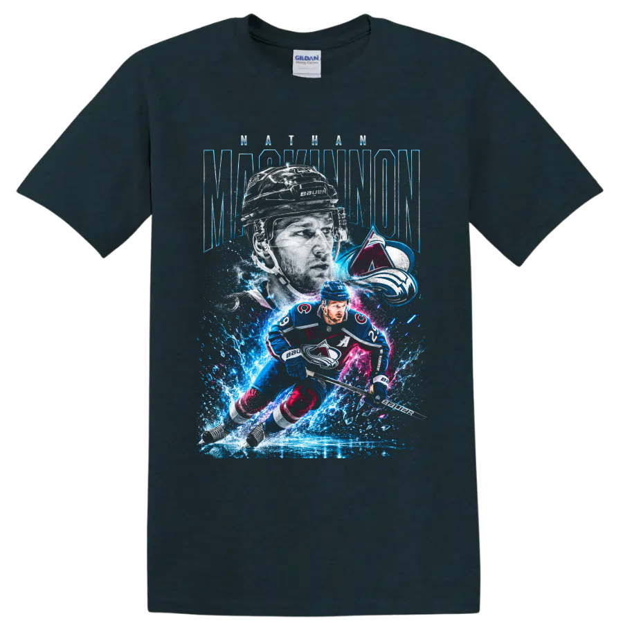 Nathan MacKinnon Colorado Avalanche hockey player graphic with icy neon action art on a Midnight (Green) T Shirt