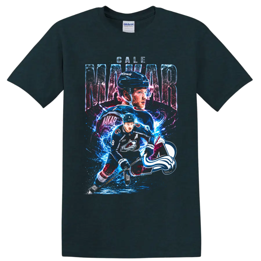 Cale Makar Colorado Avalanche number 8 hockey graphic with electric ice effects on a Midnight (Green) T Shirt