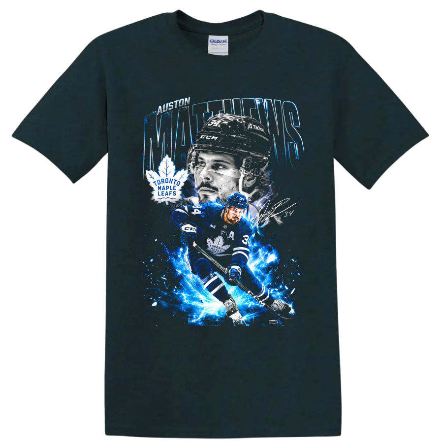 Auston Matthews Toronto Maple Leafs electric blue hockey action graphic on a Midnight (Green) T Shirt