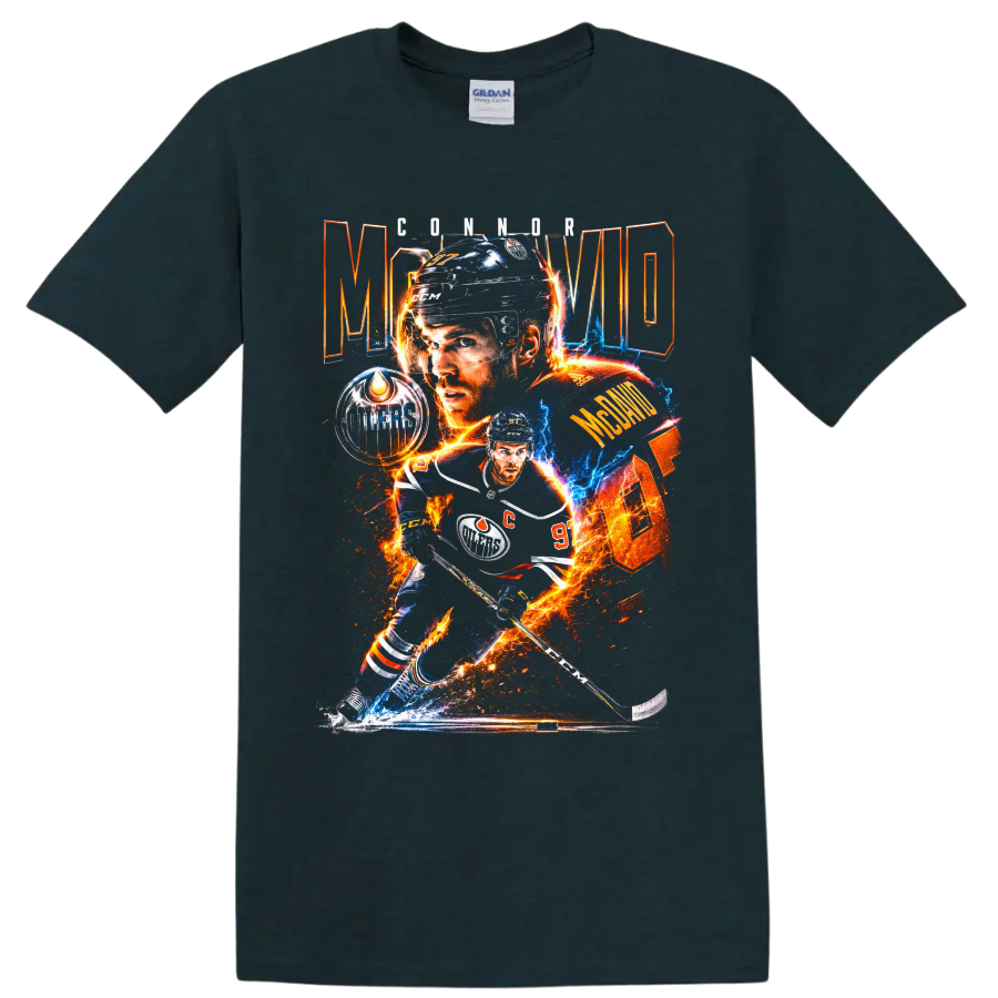 Connor McDavid Edmonton Oilers hockey collage with fiery electric graphic effects on a Midnight (Green) T Shirt