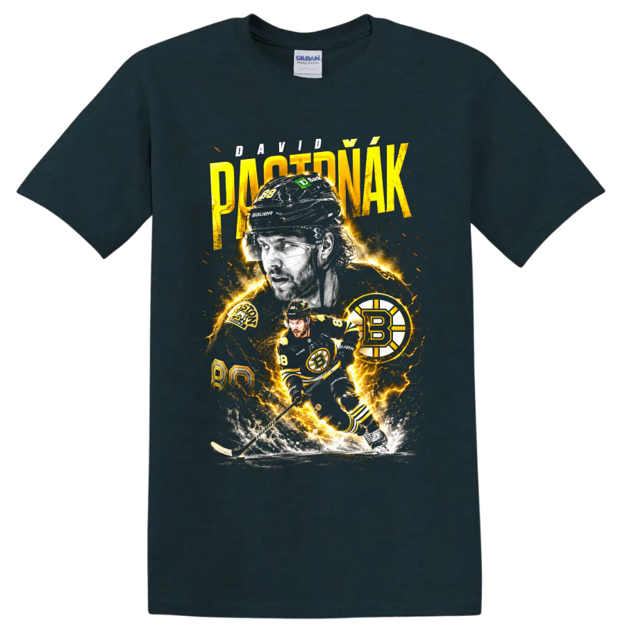 David Pastrnak No. 88 Boston Bruins hockey collage with electric gold lightning on a Midnight (Green) T Shirt
