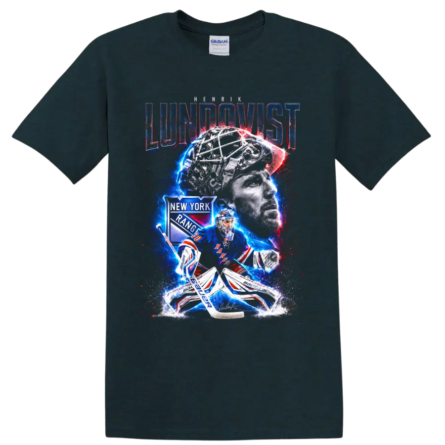 Henrik Lundqvist Rangers goalie collage with portrait, mask, and electric hockey artwork on a Midnight (Green) T Shirt