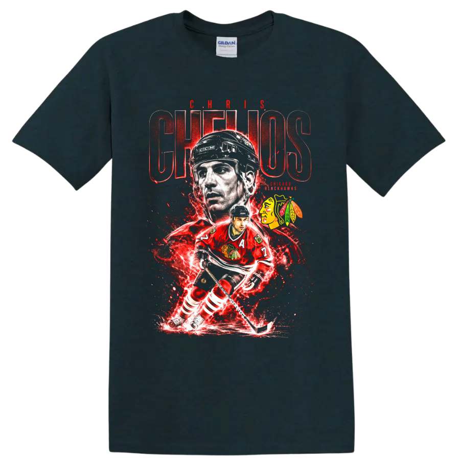 Chris Chelios Chicago Blackhawks hockey collage with red electric graphics on a Midnight (Green) T Shirt