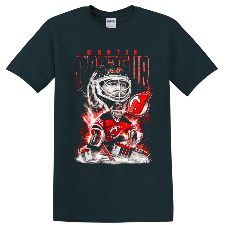 Martin Brodeur New Jersey Devils goalie graphic with red lightning and ice on a Midnight (Green) T Shirt