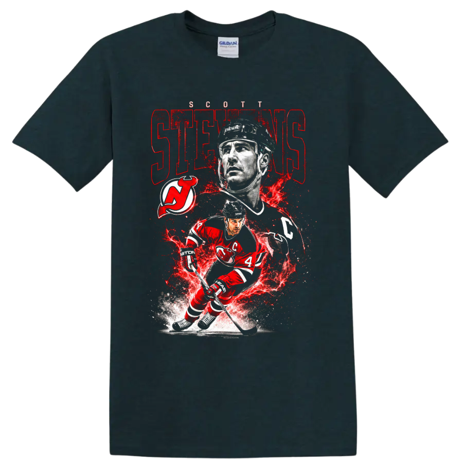 Scott Stevens New Jersey Devils hockey portrait and action graphic with team logo on a Midnight (Green) T Shirt