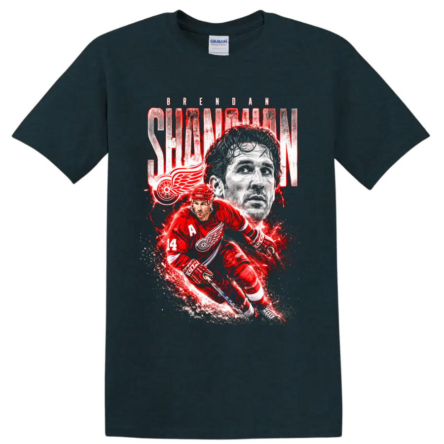 Brendan Shanahan Detroit Red Wings number 14 hockey action portrait graphic on a Midnight (Green) T Shirt
