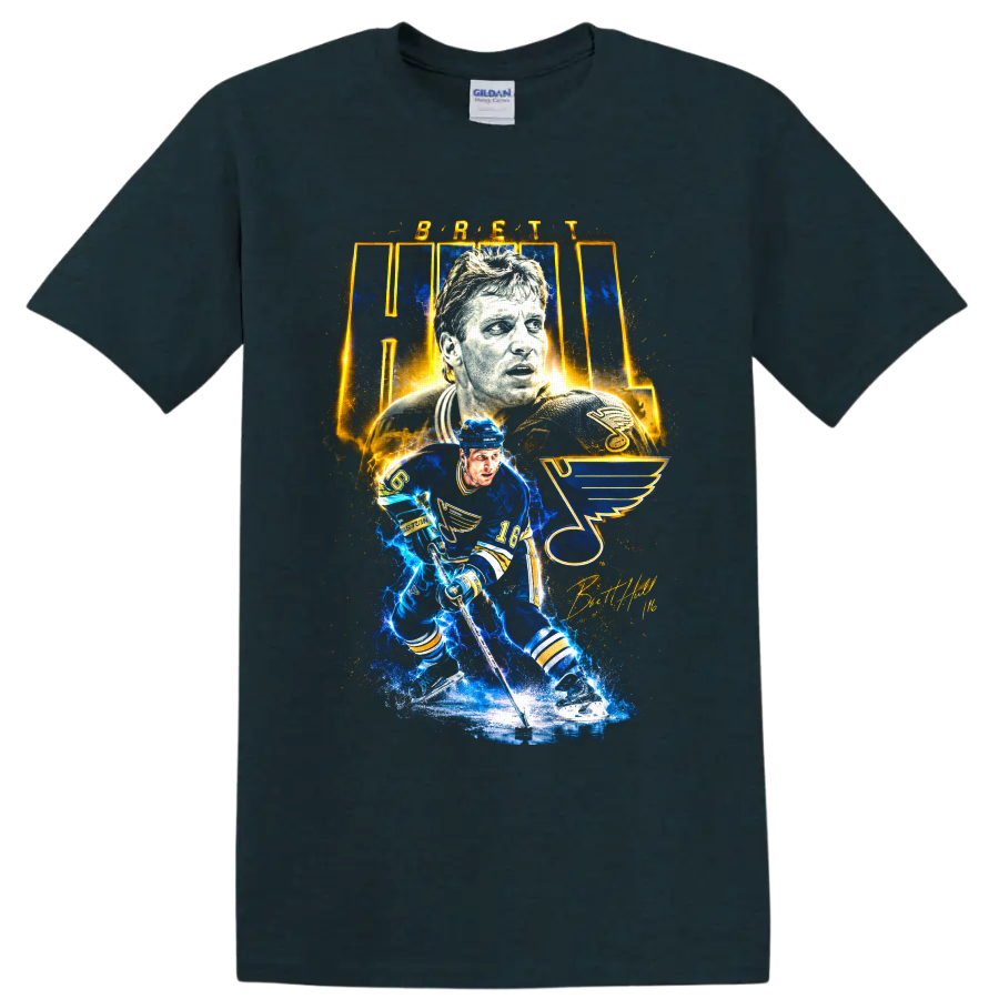 Brett Hull number 16 St. Louis Blues electric hockey tribute graphic on a Midnight (Green) T Shirt