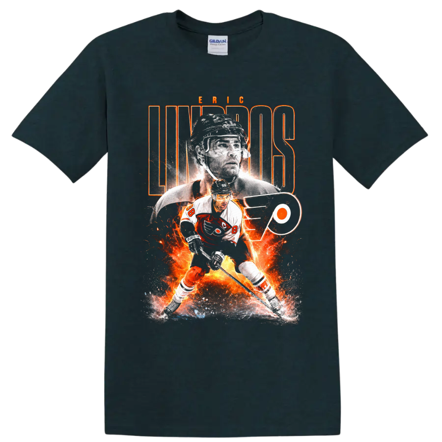 Eric Lindros Philadelphia Flyers hockey collage with fiery graphics and team logo on a Midnight (Green) T Shirt