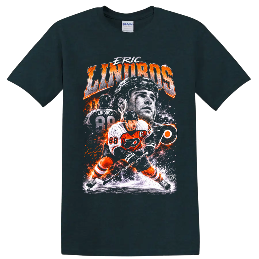 Eric Lindros Philadelphia Flyers vintage hockey collage with number 88 and bold lettering on a Midnight (Green) T Shirt