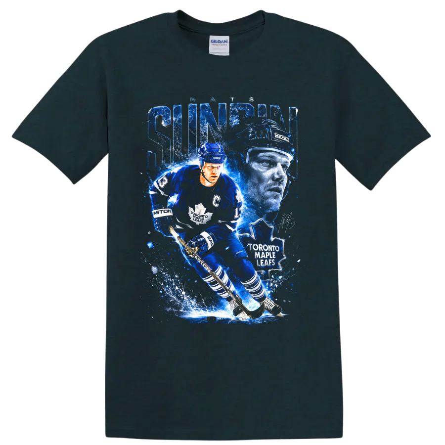 Mats Sundin Toronto Maple Leafs hockey action collage with icy blue effects on a Midnight (Green) T Shirt