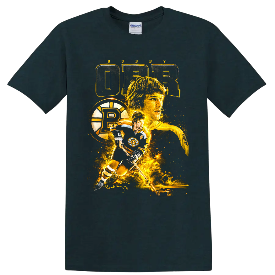 Bobby Orr Boston Bruins hockey collage with number 4, puck, action pose, and signature on a Midnight (Green) T Shirt
