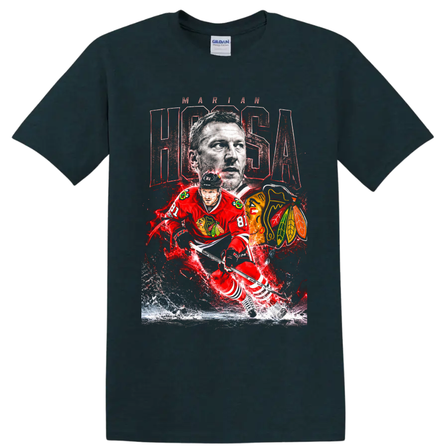 Marian Hossa Chicago Blackhawks number 81 portrait and action hockey graphic on a Midnight (Green) T Shirt