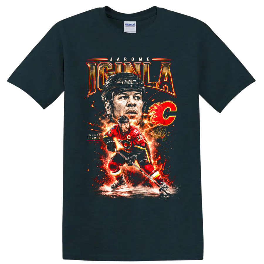Jarome Iginla Calgary Flames fiery hockey action collage with number 12 and flaming C on a Midnight (Green) T Shirt