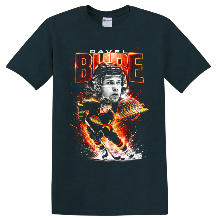 Pavel Bure Vancouver Canucks hockey action graphic with BURE and Canucks text on a Midnight (Green) T Shirt