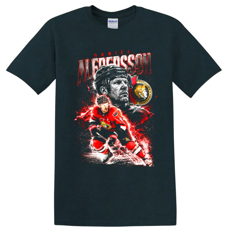 Daniel Alfredsson Ottawa Senators hockey portrait and action graphic with distressed on a Midnight (Green) T Shirt