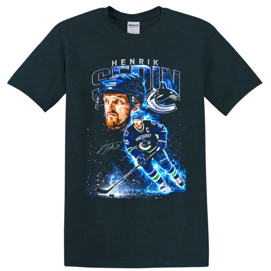 Henrik Sedin Vancouver Canucks captain electric blue hockey collage on a Midnight (Green) T Shirt