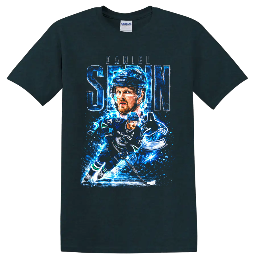 Daniel Sedin Vancouver Canucks hockey action graphic with blue ice effects and number 22 on a Midnight (Green) T Shirt