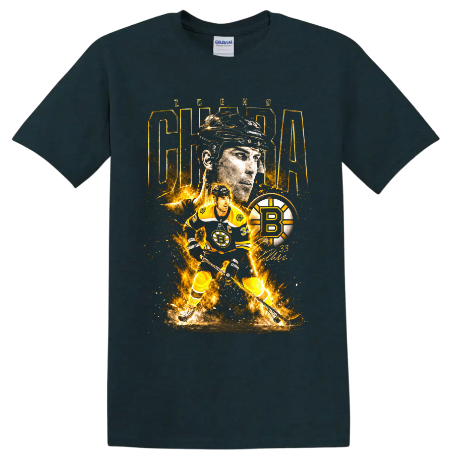 Zdeno Chara Boston Bruins fiery collage graphic with captain portrait and number 33 on a Midnight (Green) T Shirt