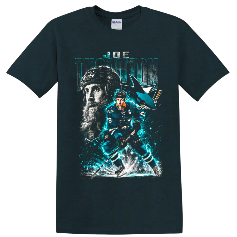 Joe Thornton San Jose Sharks hockey action collage with electric teal ice effects on a Midnight (Green) T Shirt