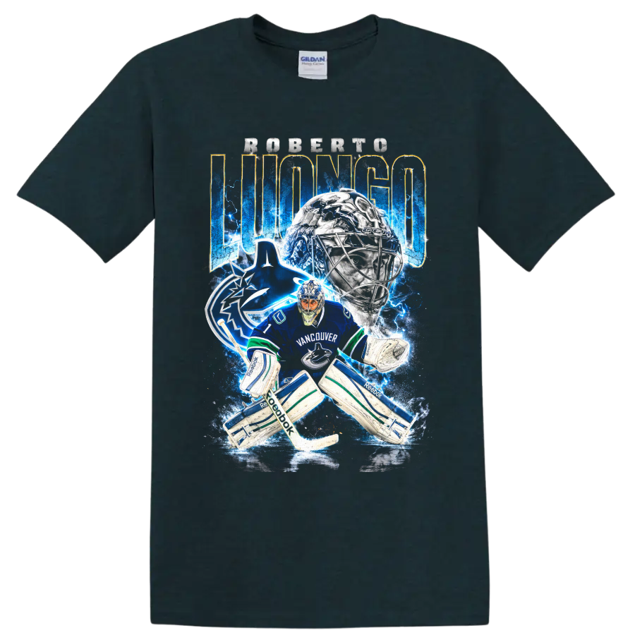 Roberto Luongo Vancouver Canucks goalie graphic with electric blue hockey artwork on a Midnight (Green) T Shirt