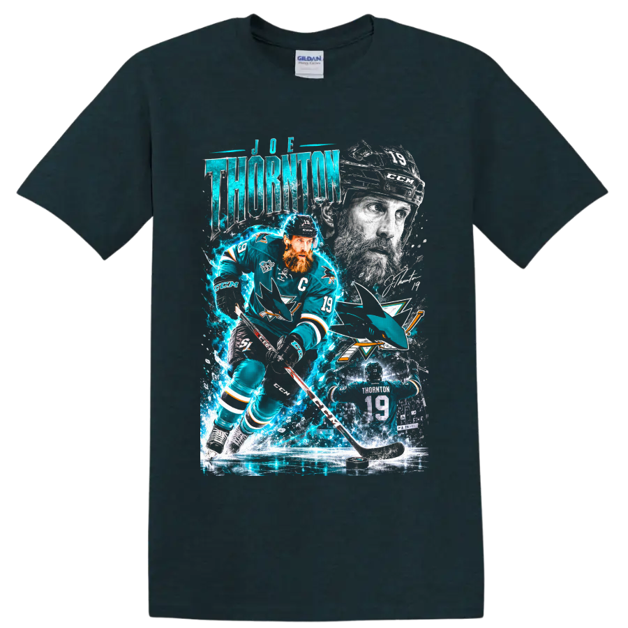Joe Thornton San Jose Sharks hockey collage with number 19 action art and teal effects on a Midnight (Green) T Shirt