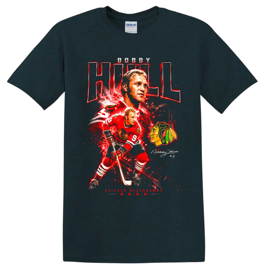 Bobby Hull Chicago Blackhawks number 9 hockey collage with red vintage graphic effects on a Midnight (Green) T Shirt