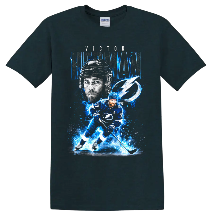 Victor Hedman Tampa Bay hockey player graphic with number 77 and electric blue lightning on a Midnight (Green) T Shirt