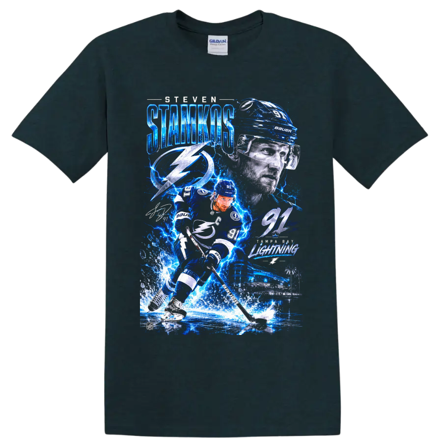 Steven Stamkos Tampa Bay Lightning number 91 electric hockey collage graphic on a Midnight (Green) T Shirt