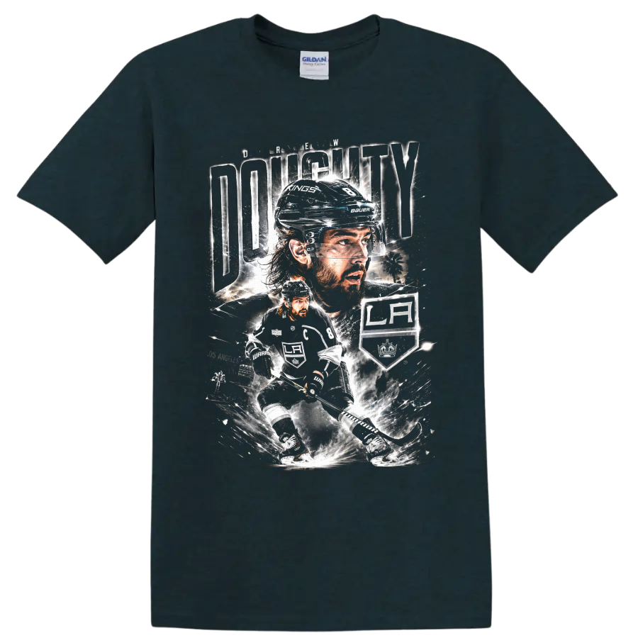 Drew Doughty Los Angeles Kings hockey portrait and skating action graphic on a Midnight (Green) T Shirt