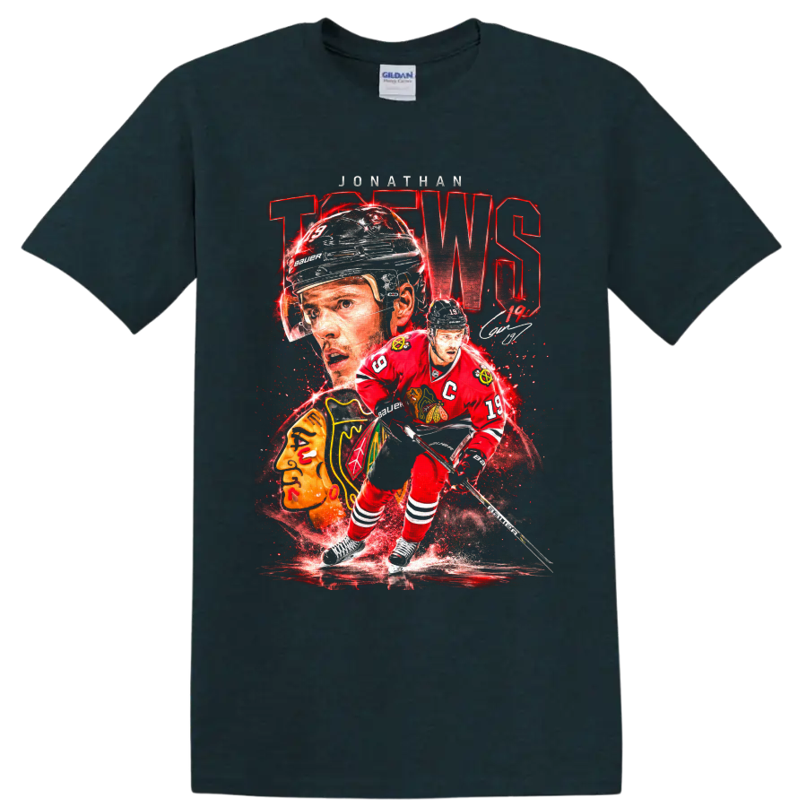Jonathan Toews Blackhawks number 19 hockey collage with captain jersey and autograph on a Midnight (Green) T Shirt