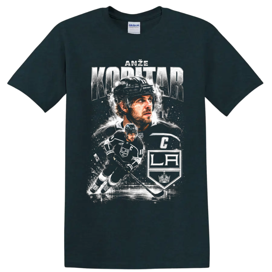 Anze Kopitar Los Angeles Kings captain hockey collage with LA shield and action art on a Midnight (Green) T Shirt