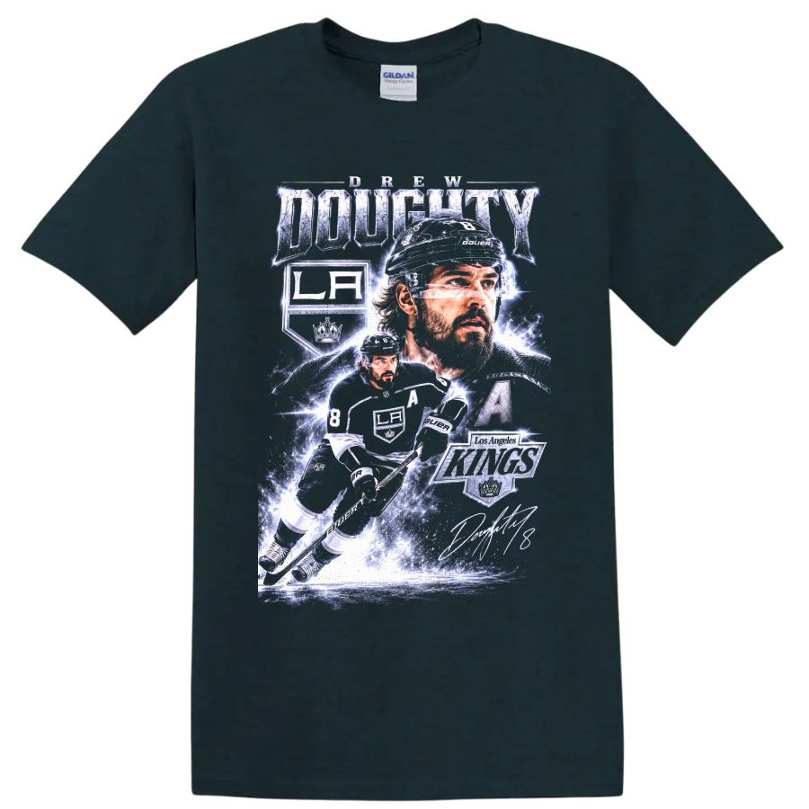 Drew Doughty Los Angeles Kings hockey action collage with number 8 and captain’s A on a Midnight (Green) T Shirt