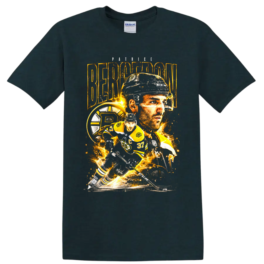 Patrice Bergeron Boston Bruins hockey player collage with gold sparks and action pose on a Midnight (Green) T Shirt