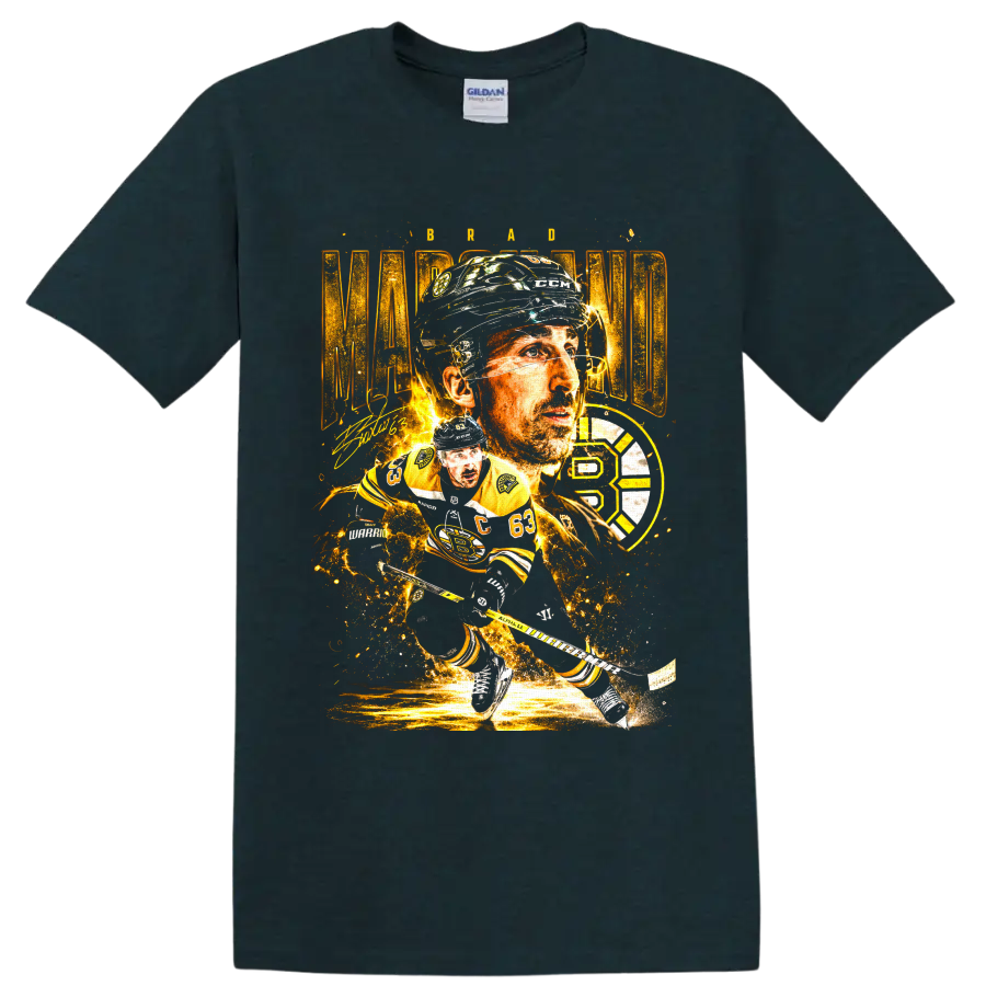 Brad Marchand number 63 hockey portrait and action collage with gold Bruins-style emblem on a Midnight (Green) T Shirt