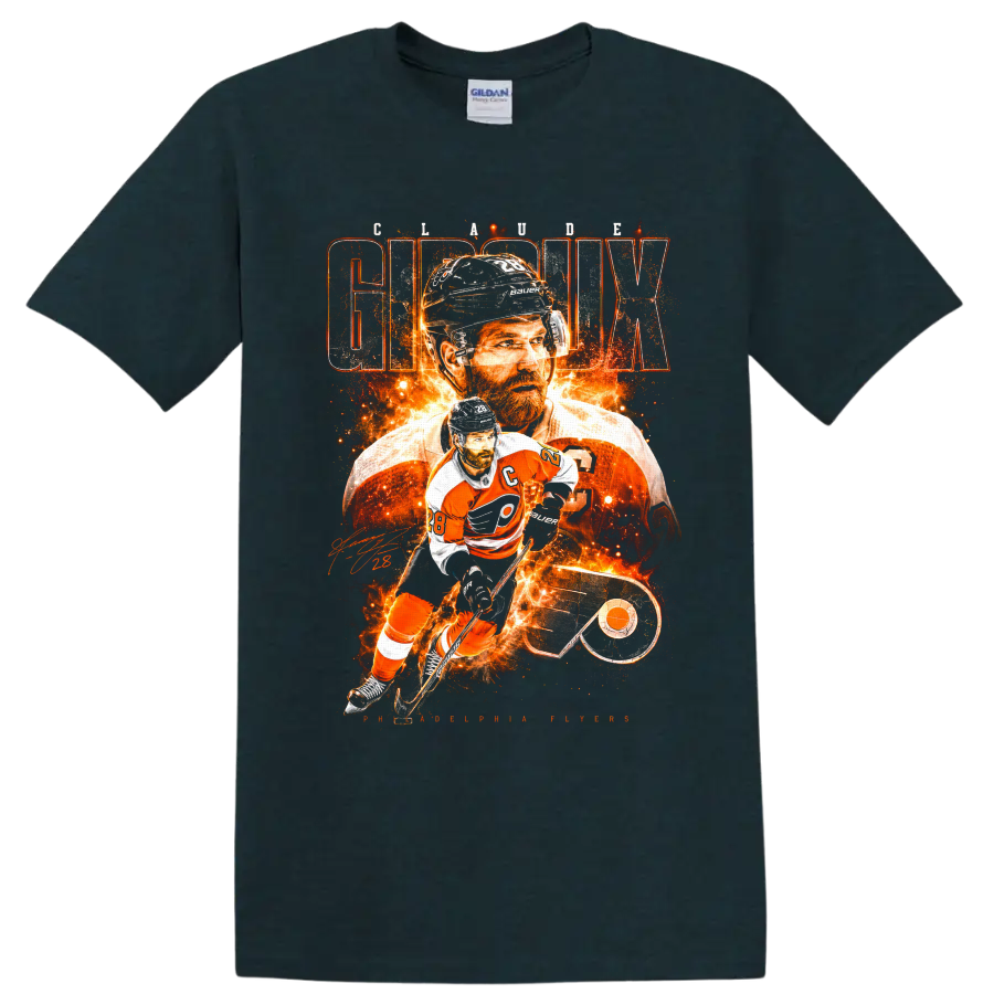 Claude Giroux Flyers hockey collage with fiery action art and Giroux lettering on a Midnight (Green) T Shirt