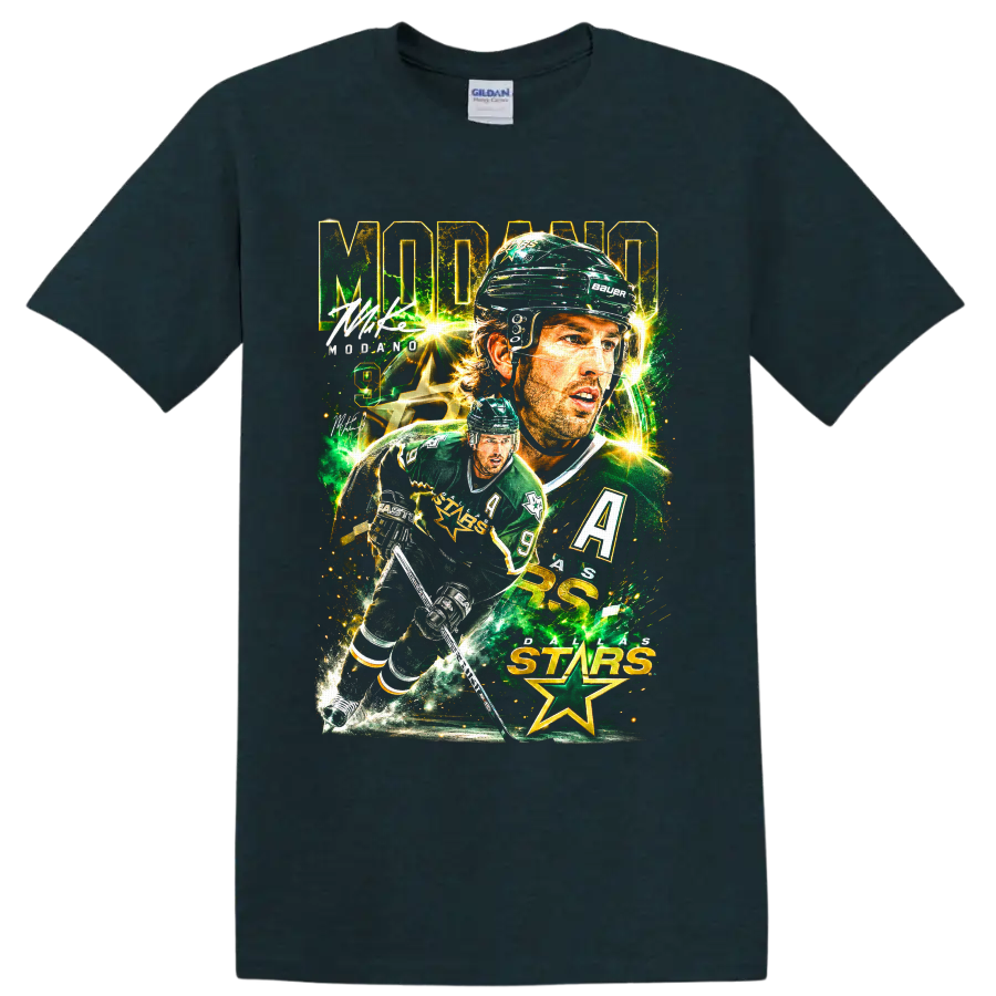 Mike Modano Dallas Stars hockey collage graphic with number 9 and star imagery on a Midnight (Green) T Shirt