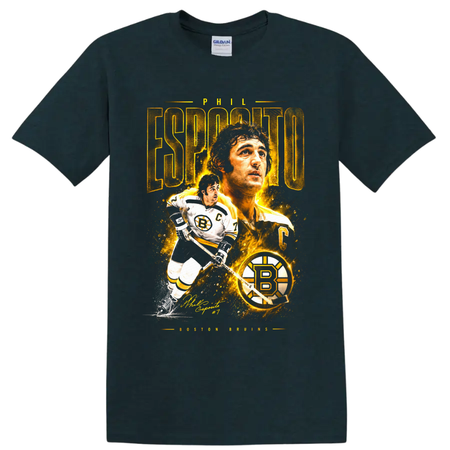 Phil Esposito Boston Bruins gold portrait and skating hockey graphic with number 7 on a Midnight (Green) T Shirt
