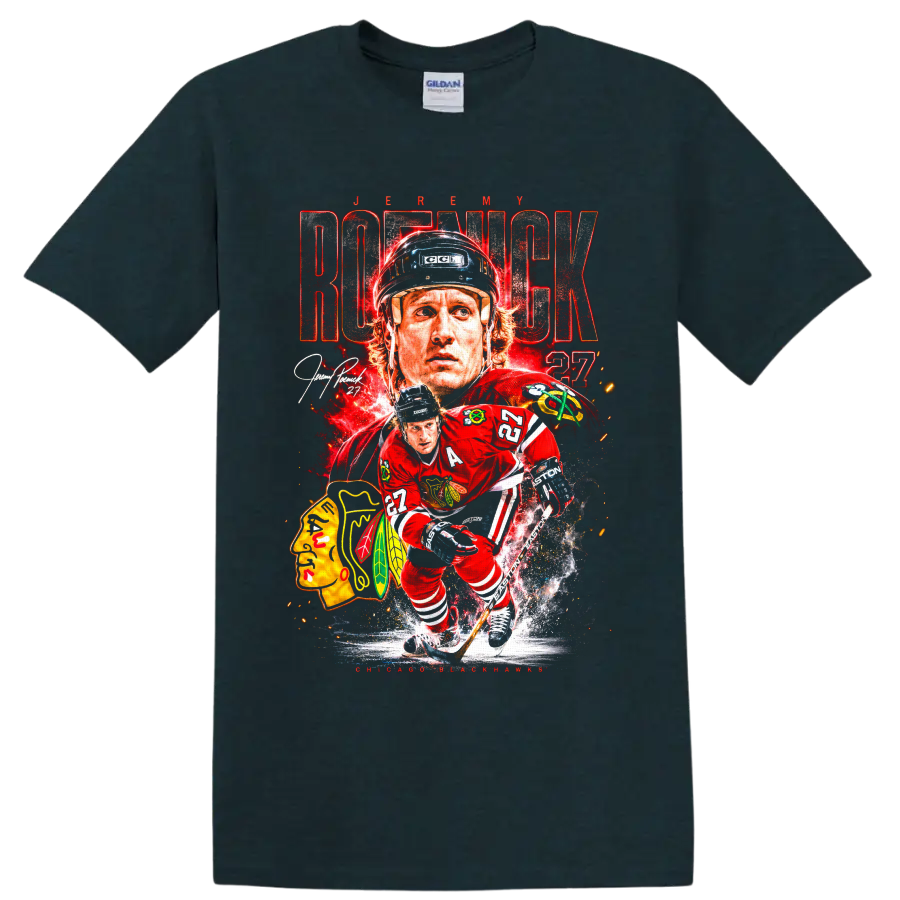 Jeremy Roenick Chicago Blackhawks hockey player collage with distressed ROENICK lettering on a Midnight (Green) T Shirt