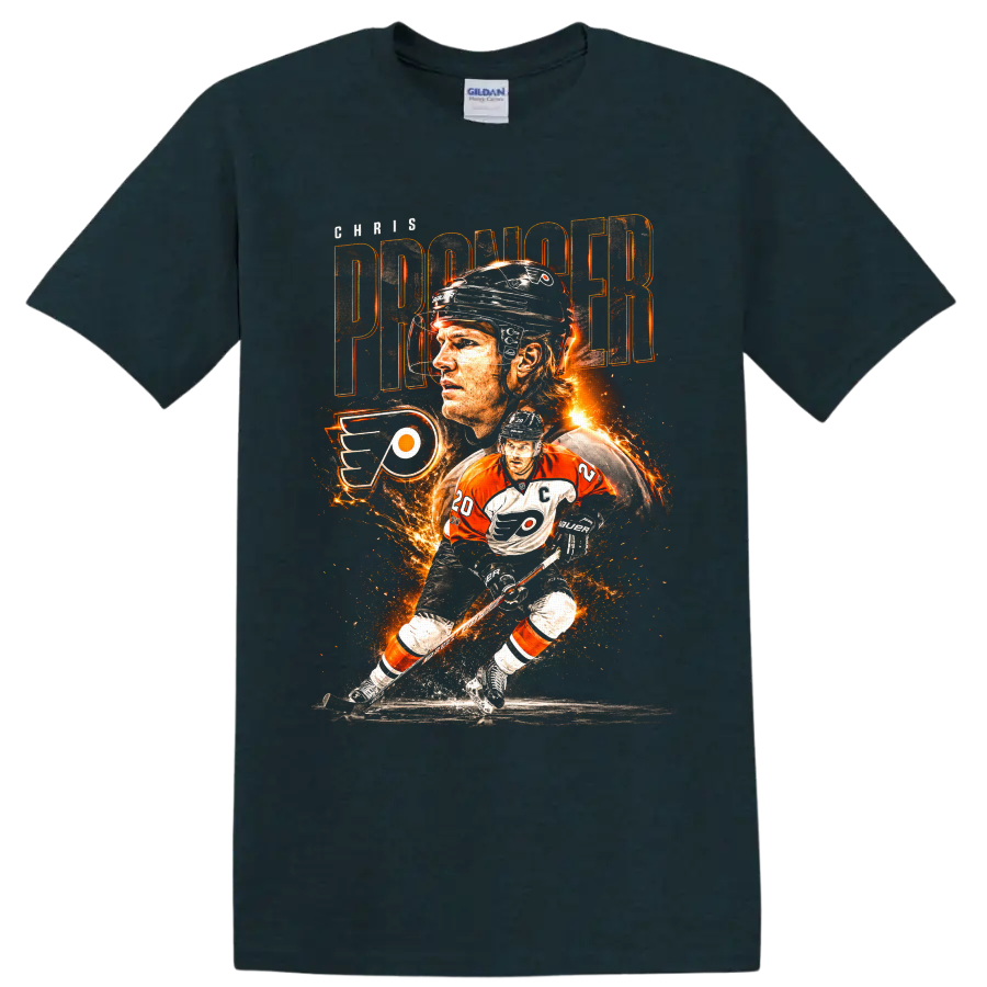 Chris Pronger Philadelphia Flyers hockey collage with fiery action artwork on a Midnight (Green) T Shirt