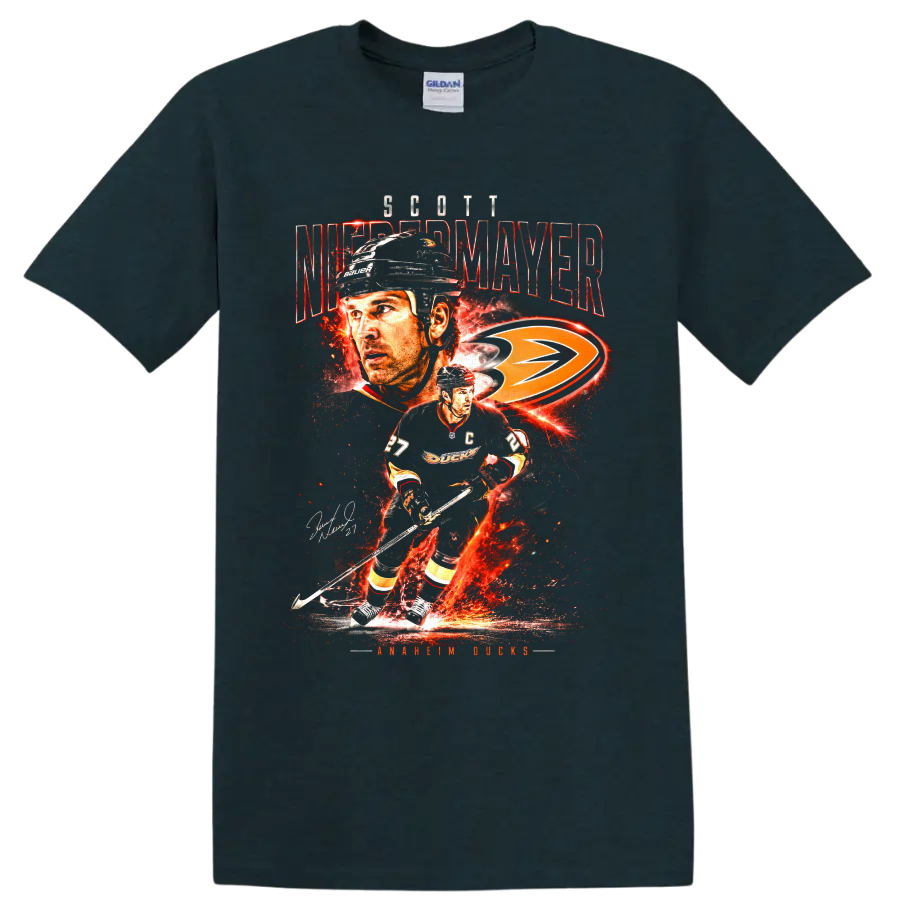 Scott Niedermayer Anaheim Ducks fiery hockey collage with captain jersey and team logo on a Midnight (Green) T Shirt