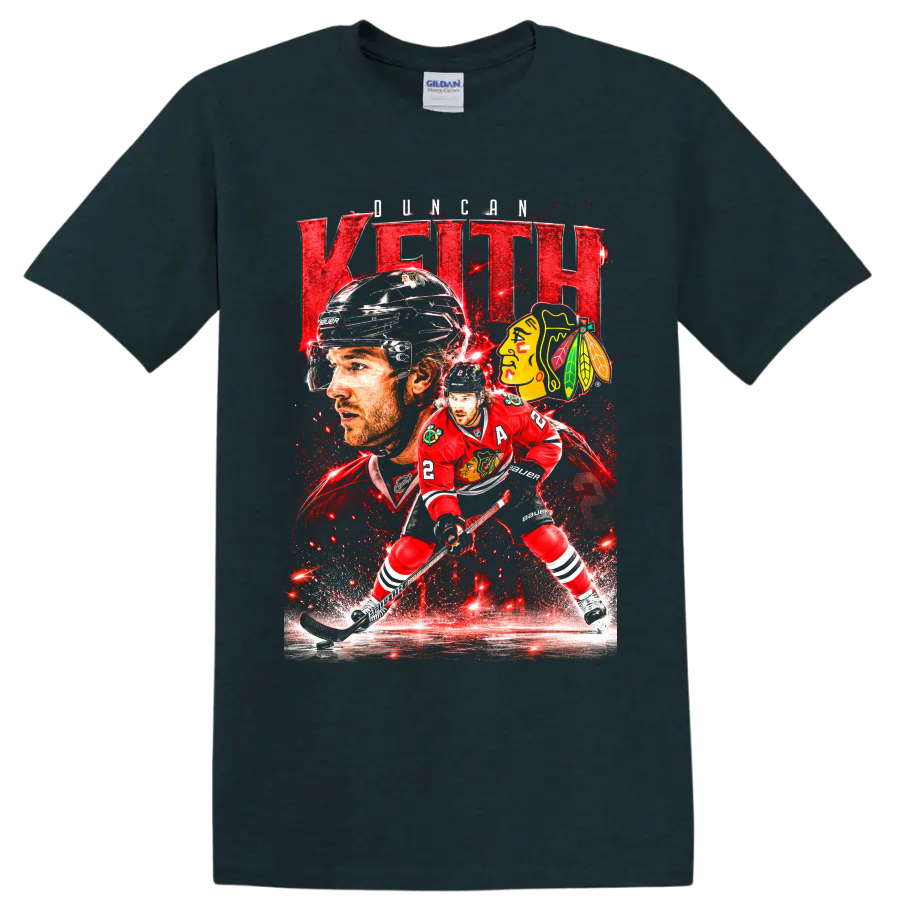 Duncan Keith Chicago Blackhawks hockey action collage with bold name text and team logo on a Midnight (Green) T Shirt
